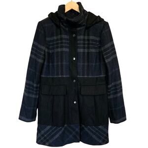 Guess Hooded Plaid Wool Blend Pea Coat Jacket Women's Large Winter Layer Casual